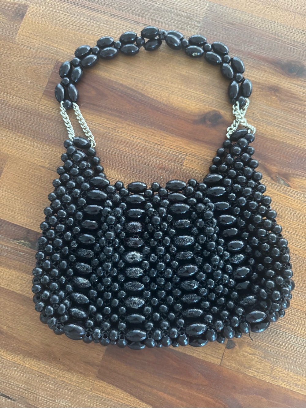 Vintage 1960s Made in Japan Black Wood Bead Handbag Mod Purse